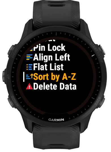 Settings menu with Sort by A-Z selected