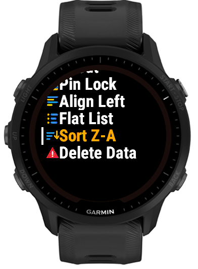 Settings menu with Sort Z-A selected
