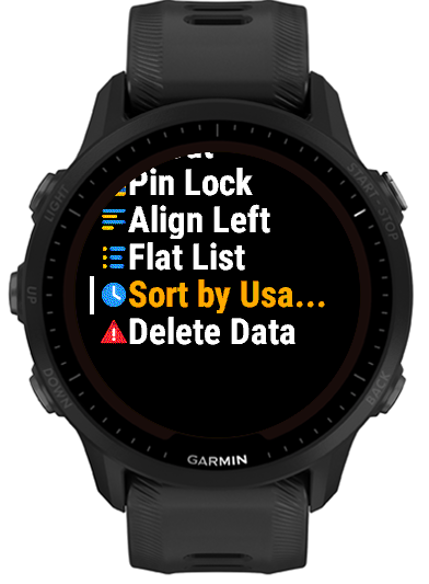 Settings menu with Sort by Usage selected